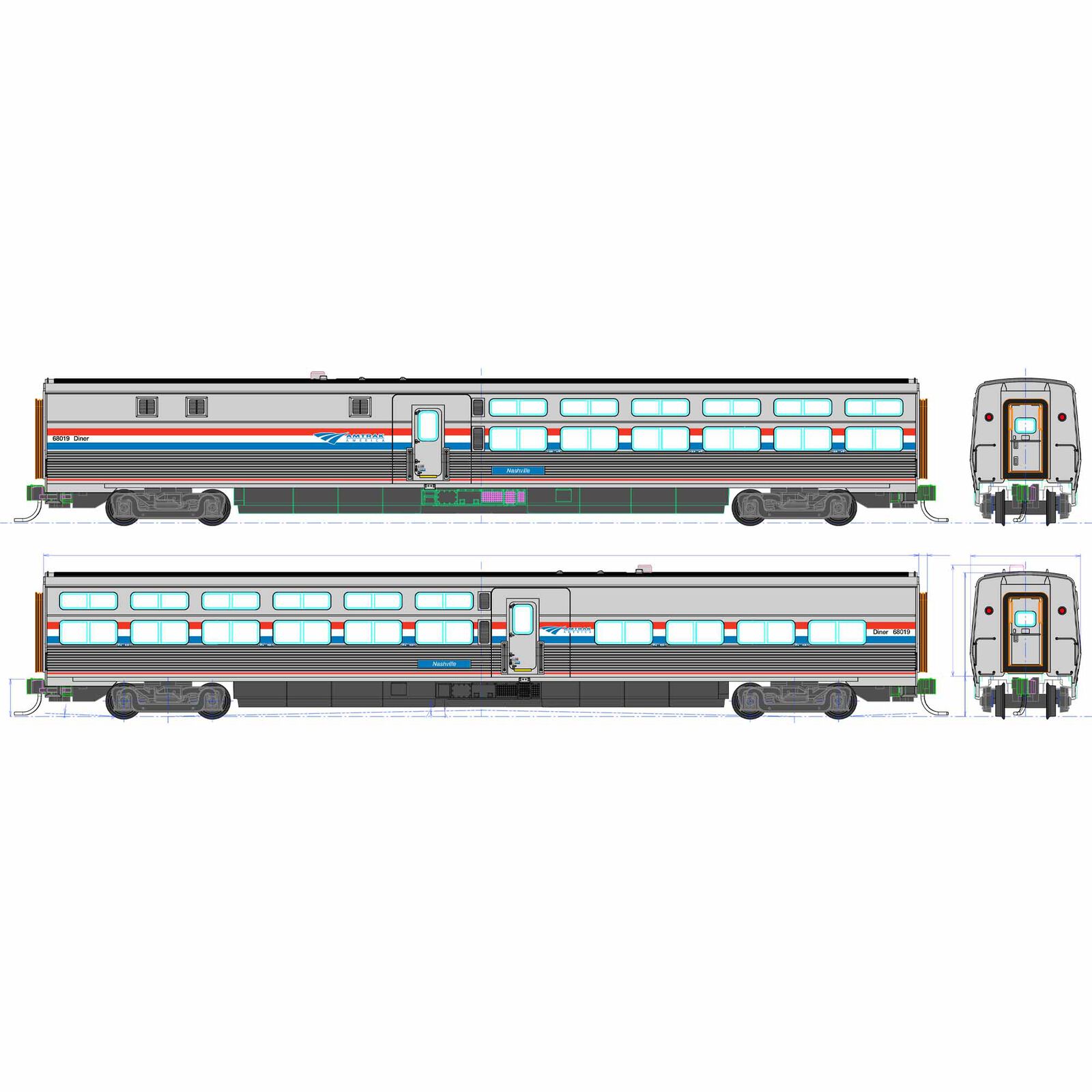 HO Amtrak Viewliner II Diner Phase III #68019 Nashville w/ Lights
