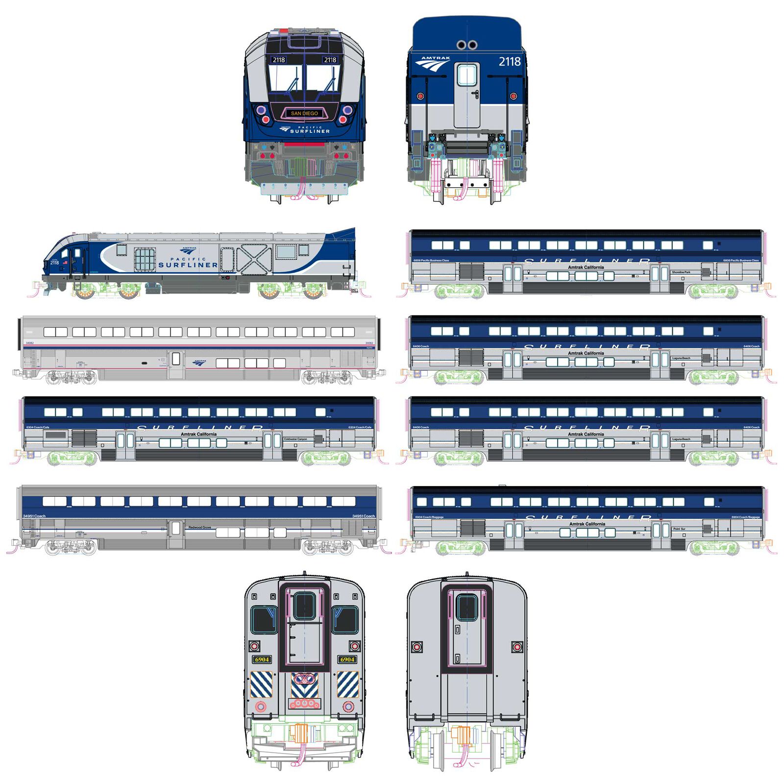 (N) Amtrak SC-44 & Amtrak Pacific Surfliner 8 Unit Set w/Pre-Installed Lighting