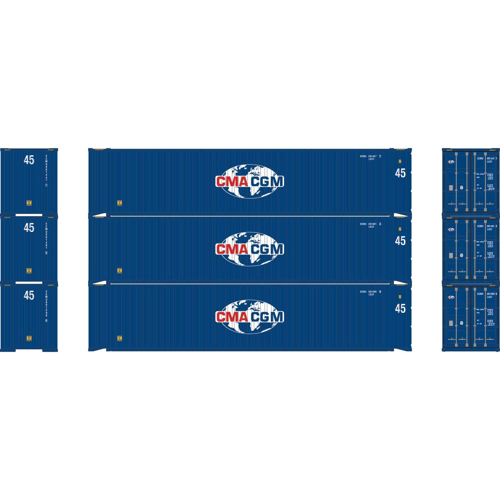 HO 45' Containers, ECMU #801390 6/801401 3/801447 7 (3)
