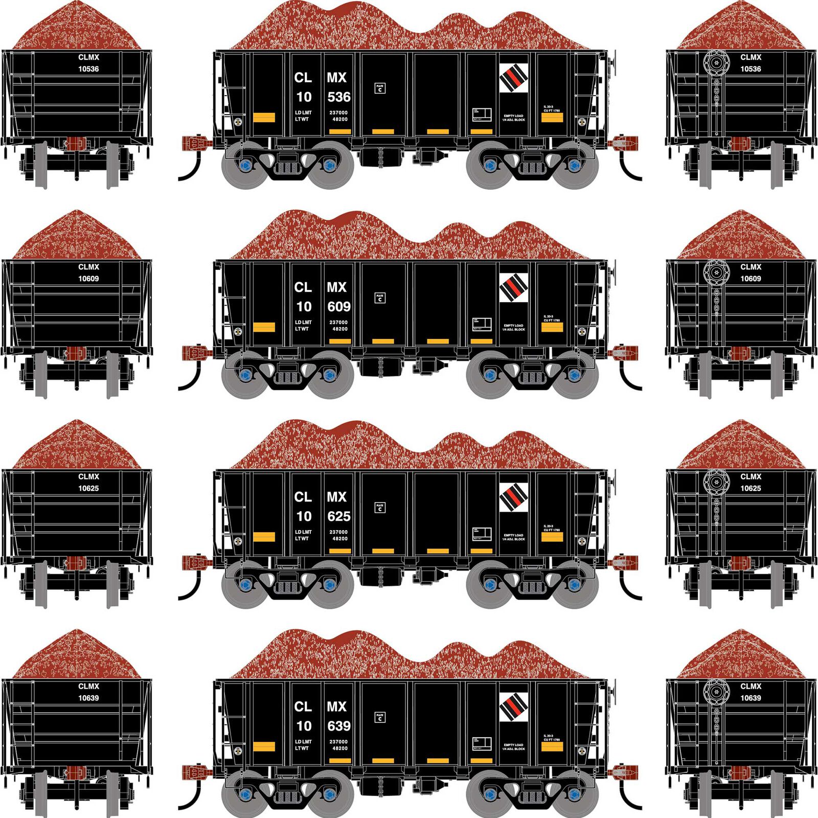 HO 26' PC&F Ore Car Tight-Bottom Low Side with Load, CLMX #10536/10609/103625/10639 (4)