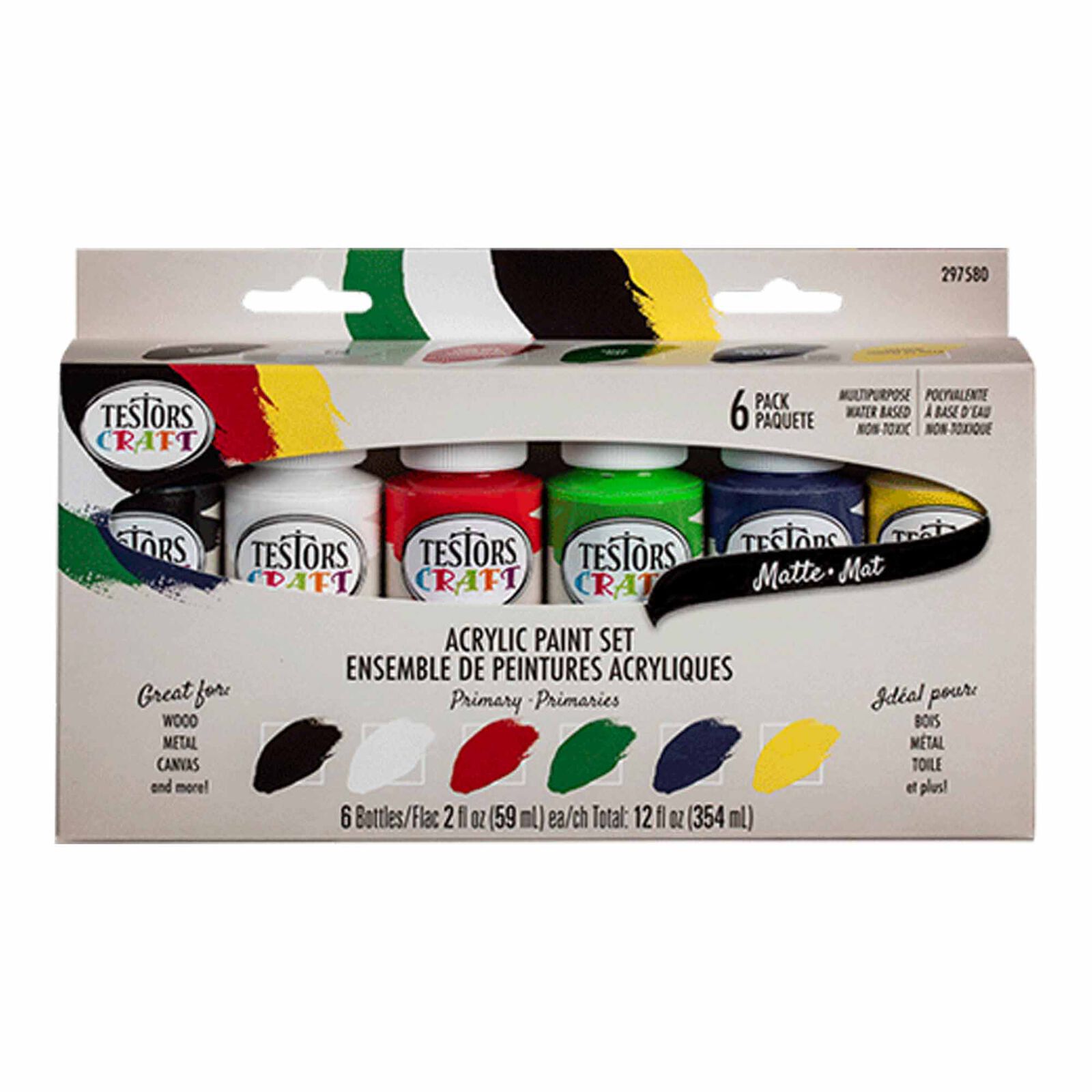 6 PIece Acrylic Craft Paint Set, 2 oz, Primary Matte