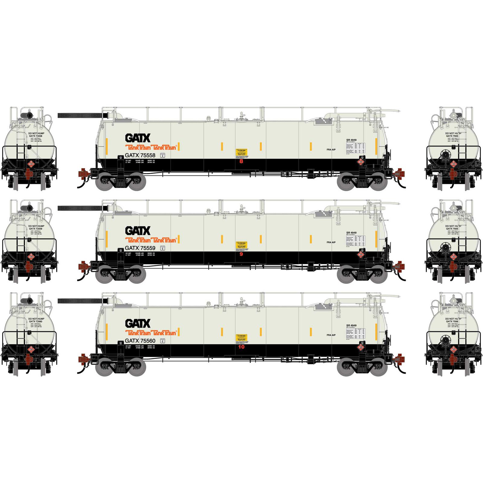 HO TankTrain Intermediate, GATX White/Black #75558/75559/75560 (3)