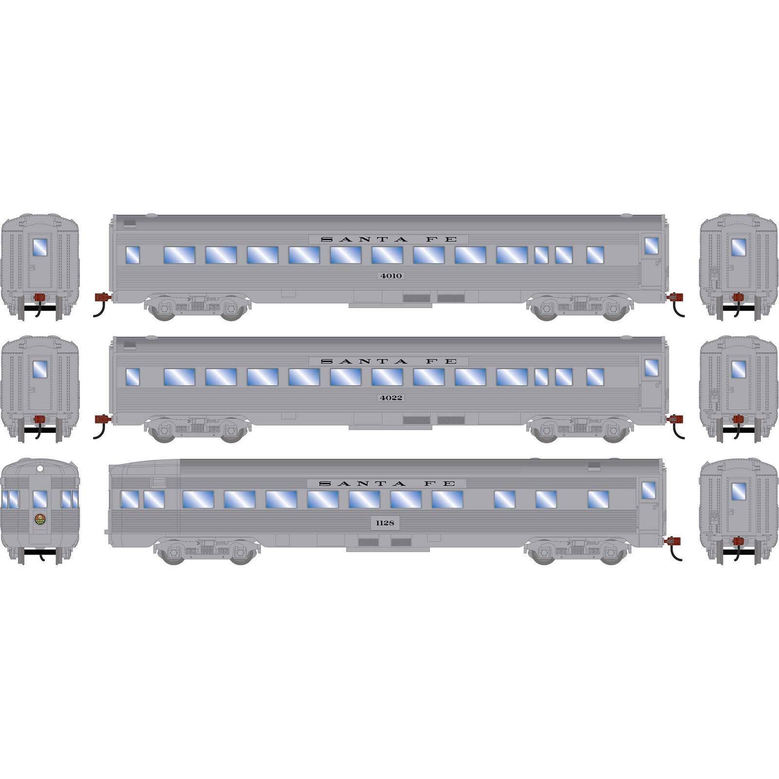 HO RND Streamline Cars, ATSF #4010 Coach/4022 Coach/1122 Observation (3)