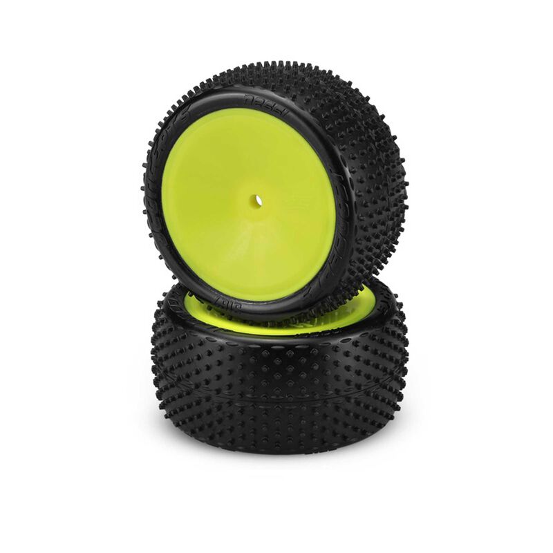 1/10 Nessi 2.2” Pre-Mounted Buggy Tires, Yellow Wheels, Pink Compound (2)