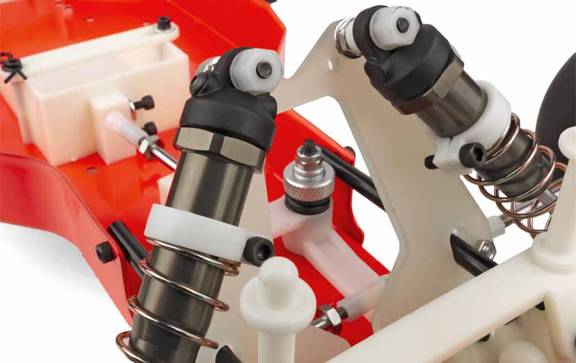 Shock towers are made from fiberglass and shocks are made from aluminum