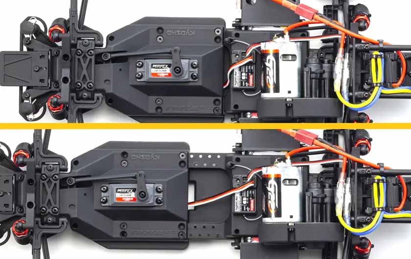 The resin main chassis is split into front and rear sections